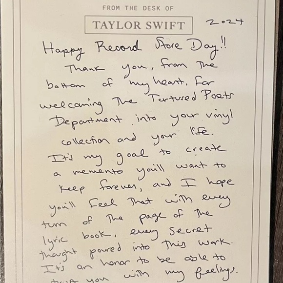 Taylor Swift RSD Letter Note Card Record Store Day The Tortured Poets Department - Picture 3 of 3